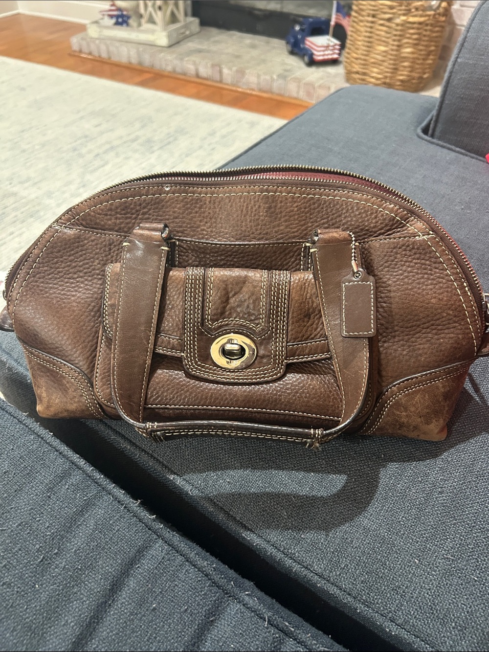 Coach Brown Leather Interior Patch Handbag with Pink Lining